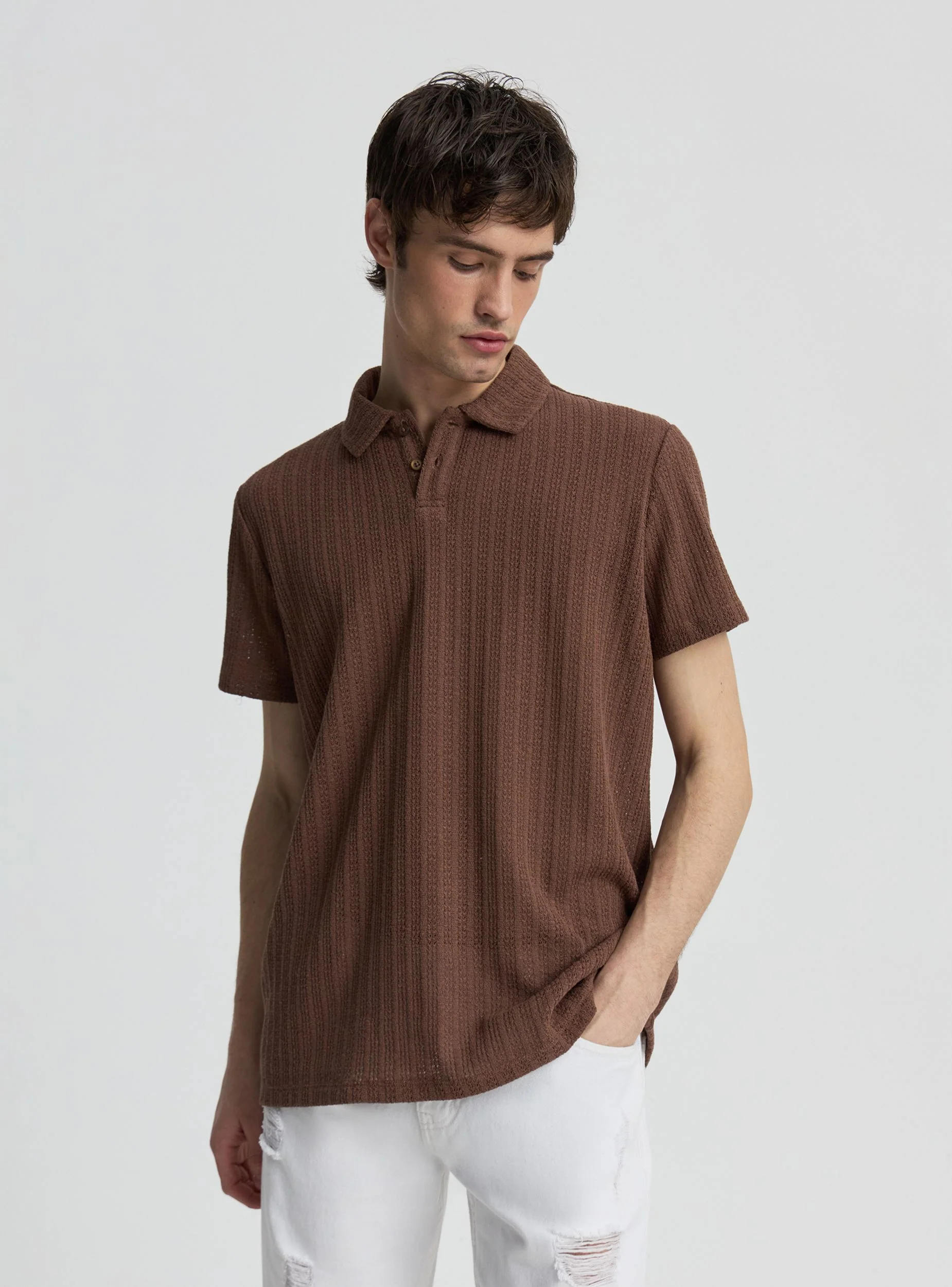 T-shirt polo a tinta unita effetto crochet - Image 4