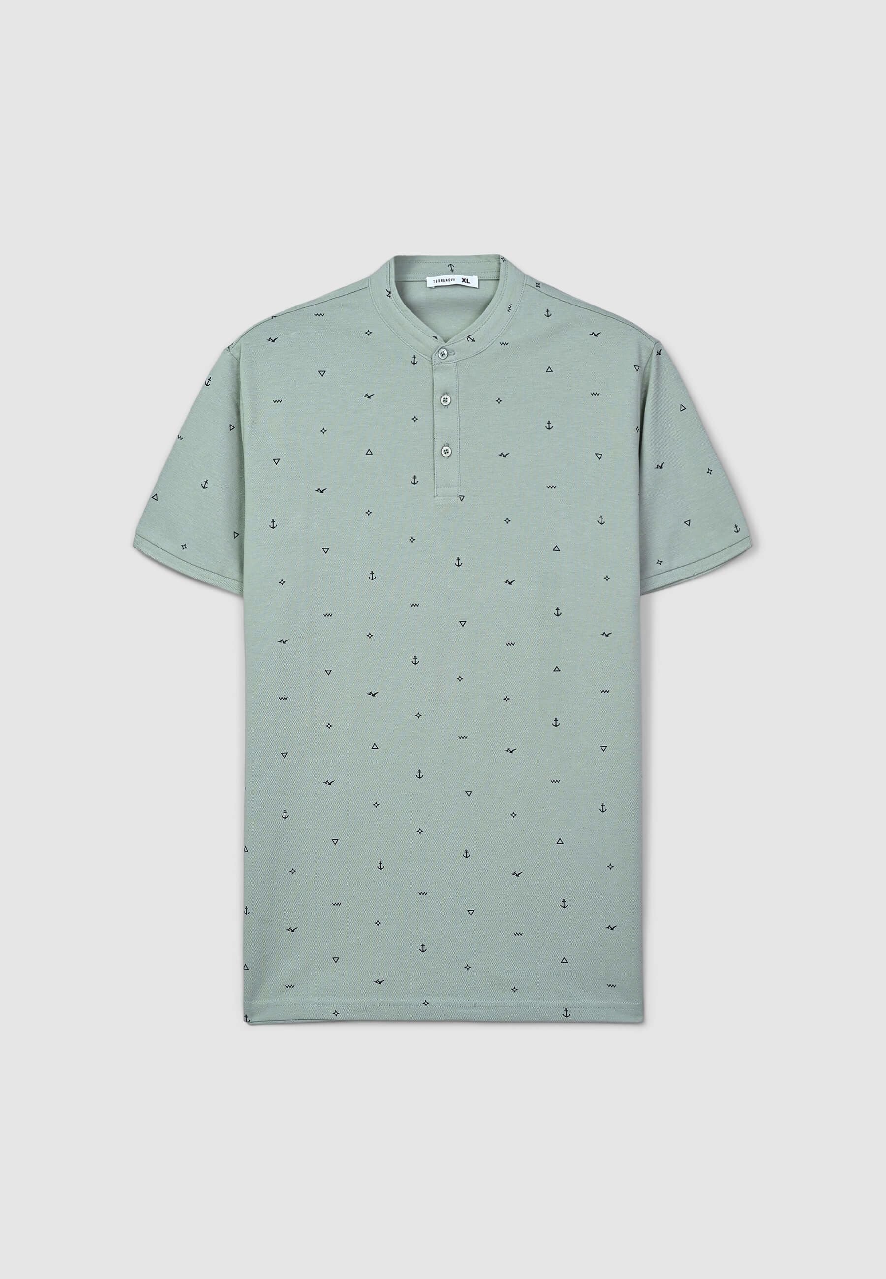 T-shirt serafino con colletto coreana in microfantasia