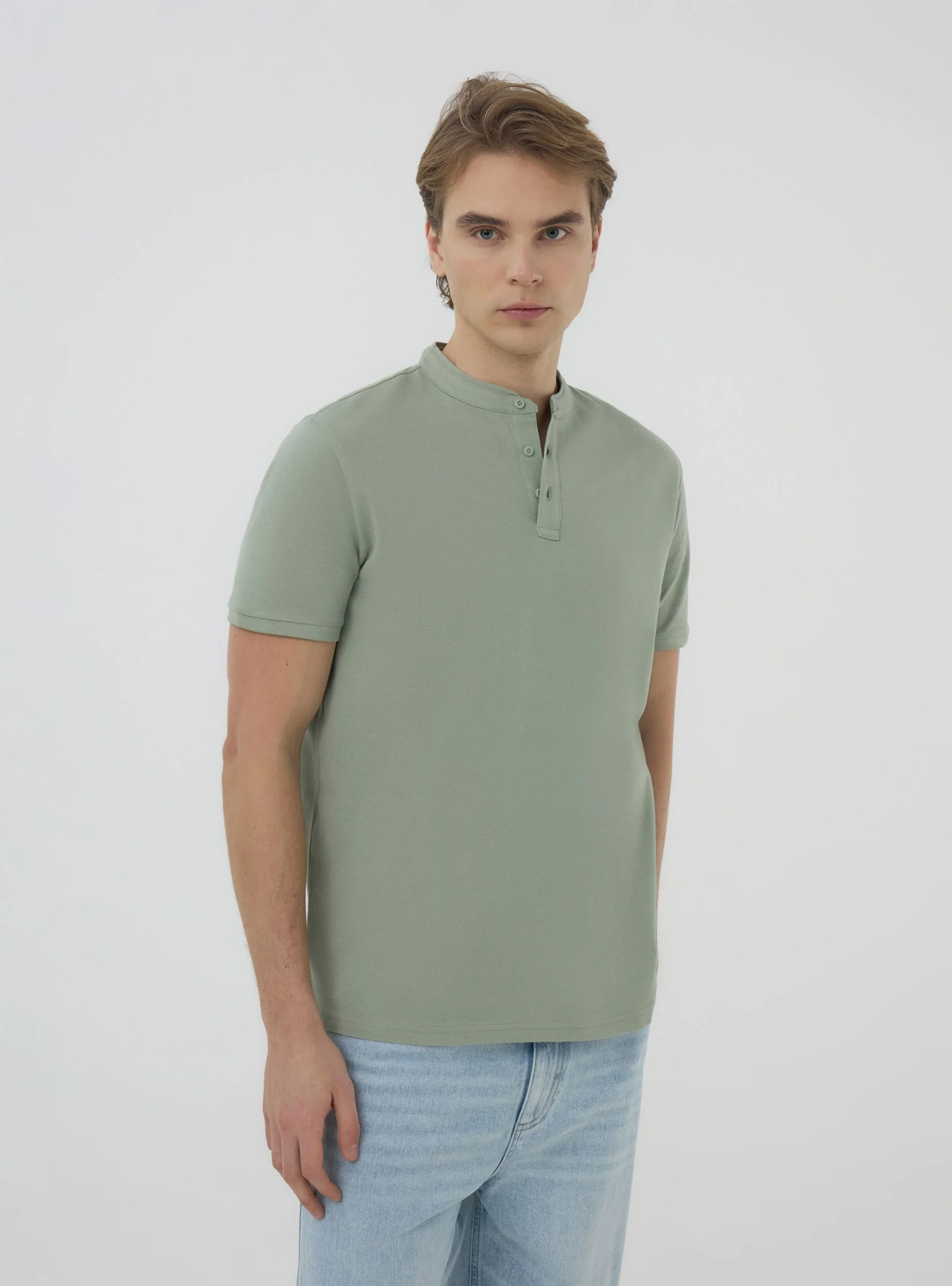 T-shirt serafino in piquet con collo coreana - Image 2