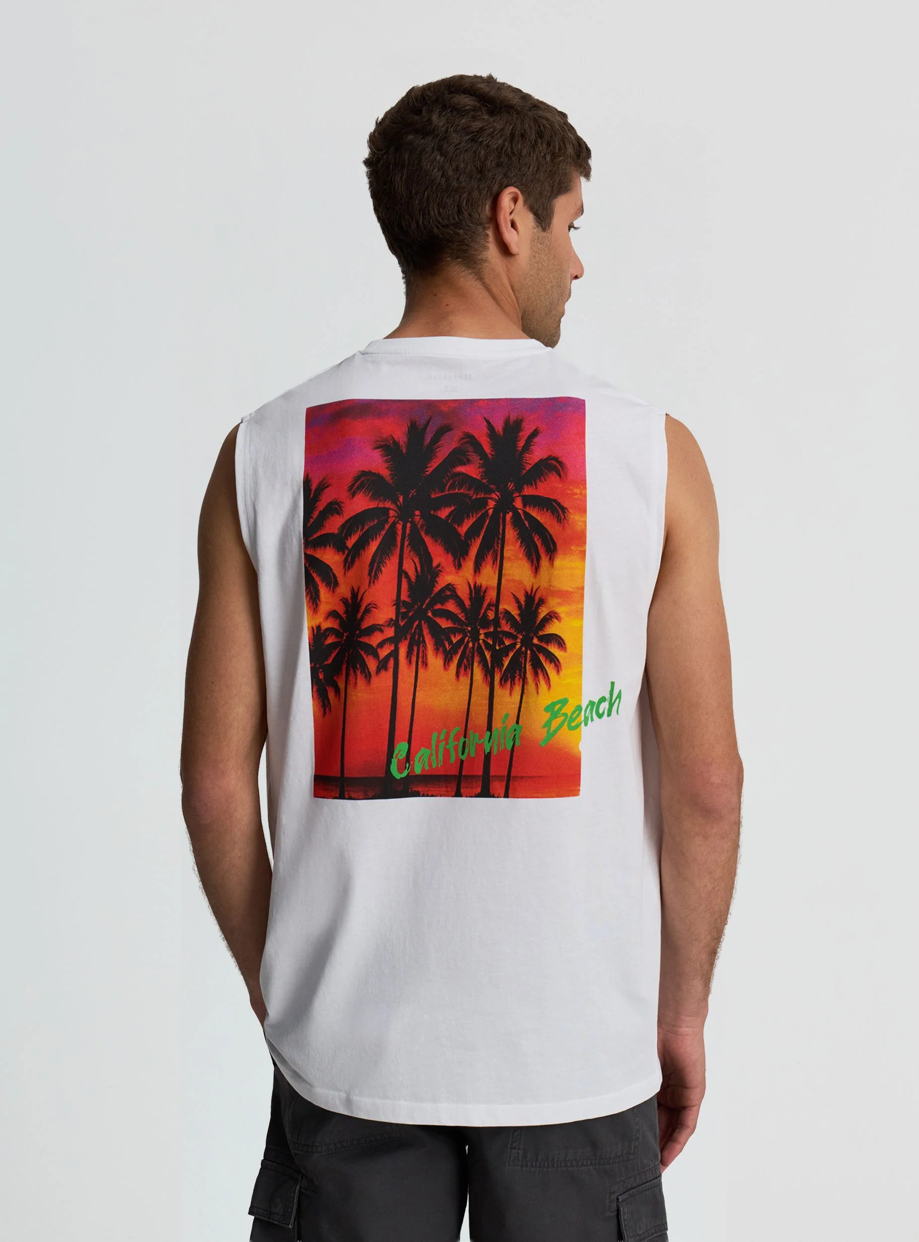 T-shirt smanicata con stampa palme fronte e retro