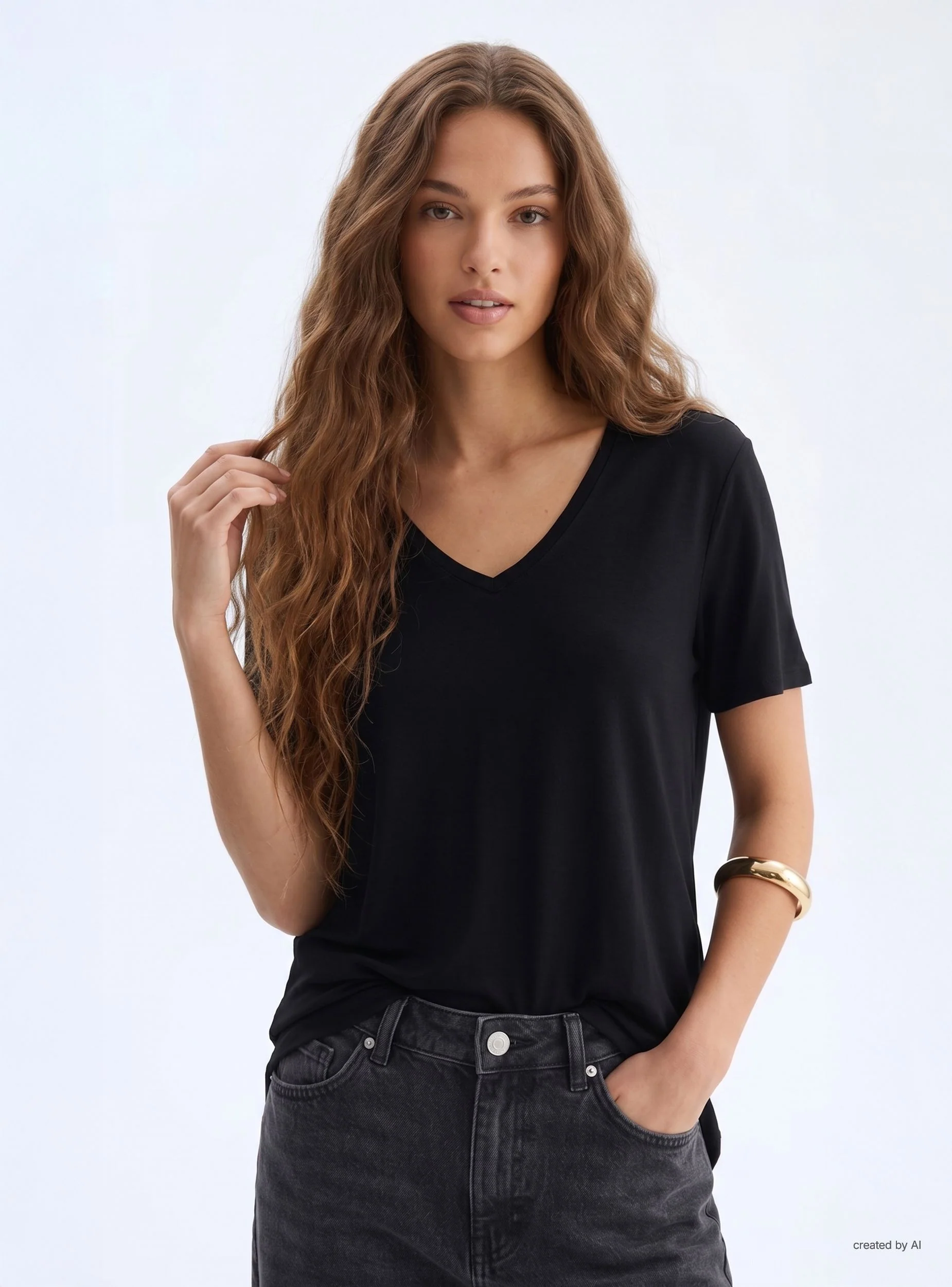 T-shirt tinta unita scollo a V - Image 4