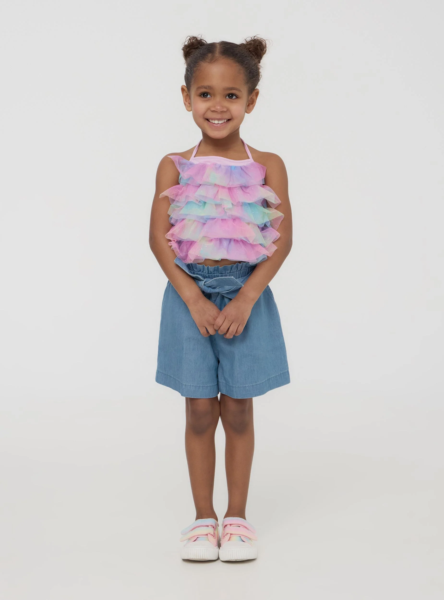 Top crop con balze in tulle multicolor