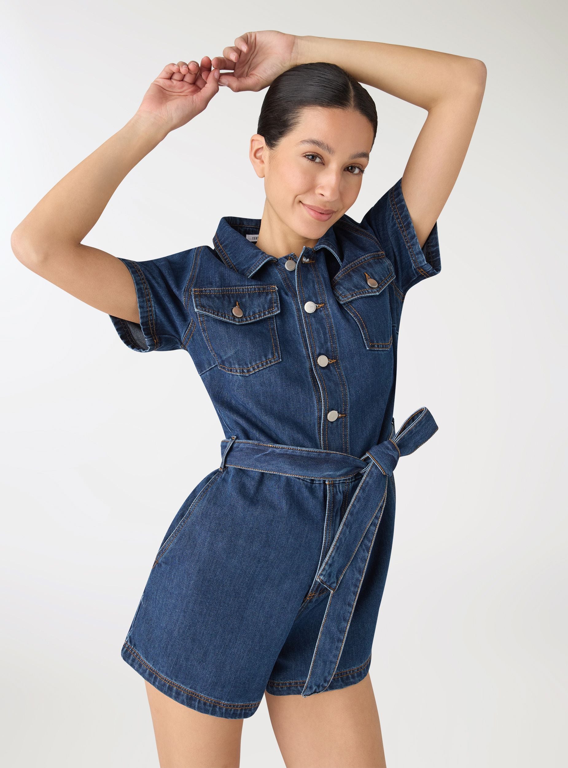 Tuta corta denim a tinta unita con cintura - Image 2