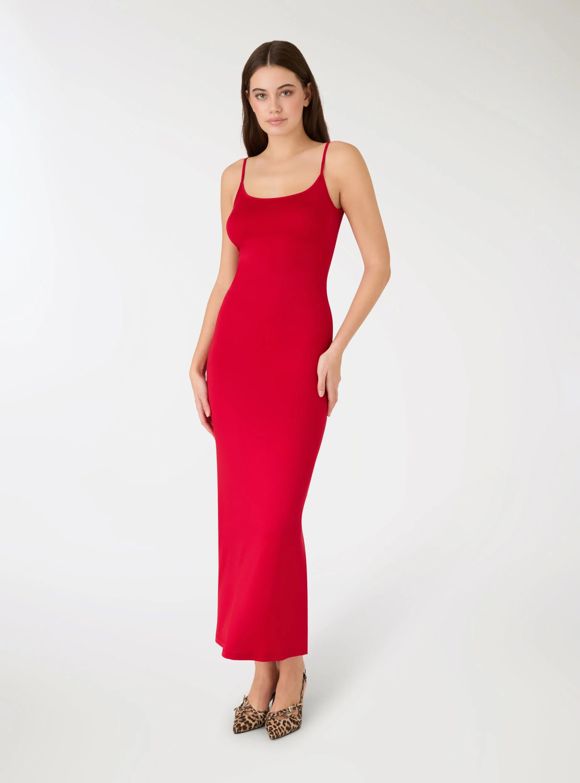 Vestito lungo a tinta unita con spalline sottili - Image 2