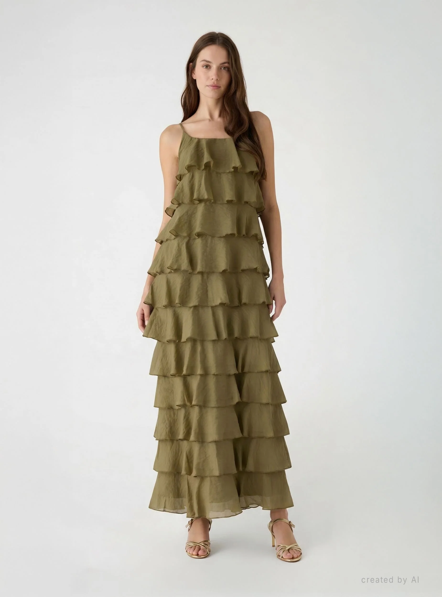 Vestito lungo con balze e spalline sottili