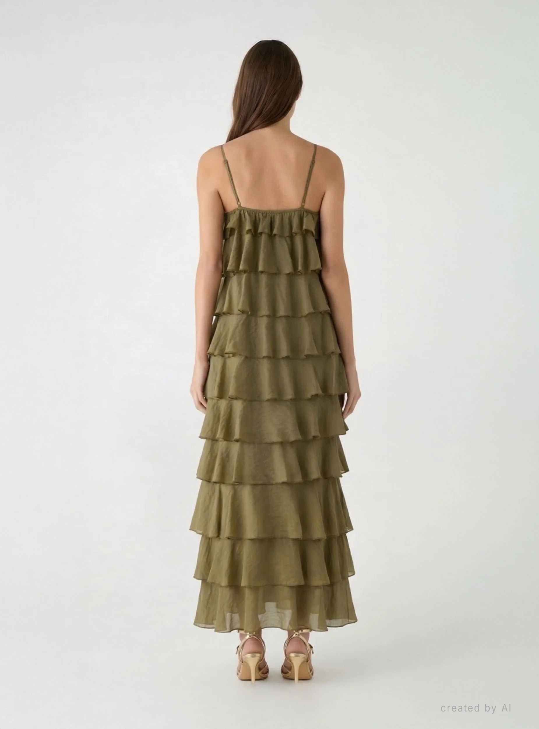 Vestito lungo con balze e spalline sottili - Image 3