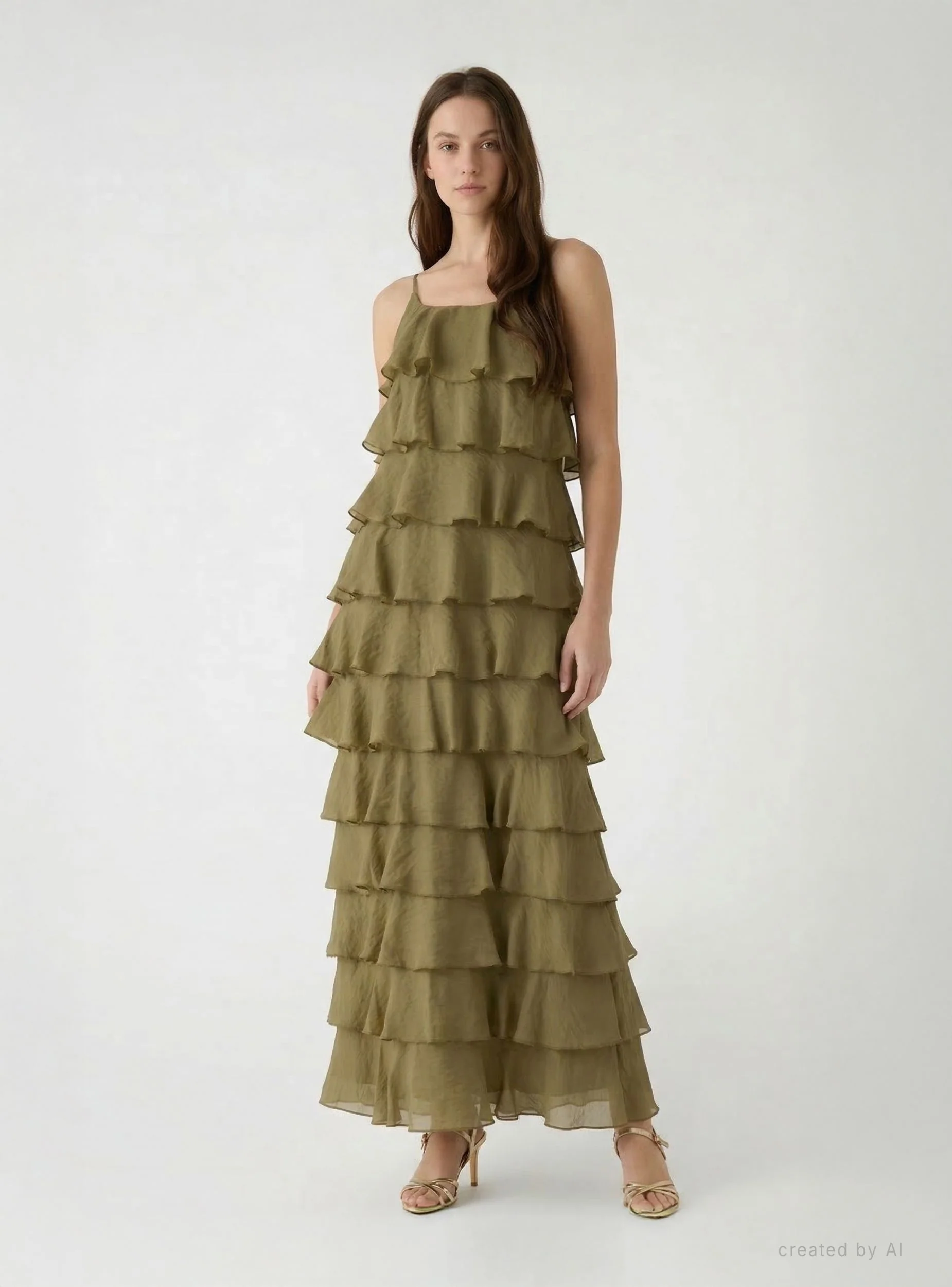 Vestito lungo con balze e spalline sottili - Image 4